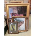 A collection of framed artworks to include oleograph of owl, stabled horses, rabbits, etcDimensions: