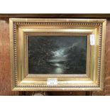 A gilt framed oil on board of moonlit river scene