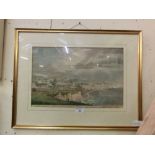 A framed and glazed hand coloured print of coastal scene