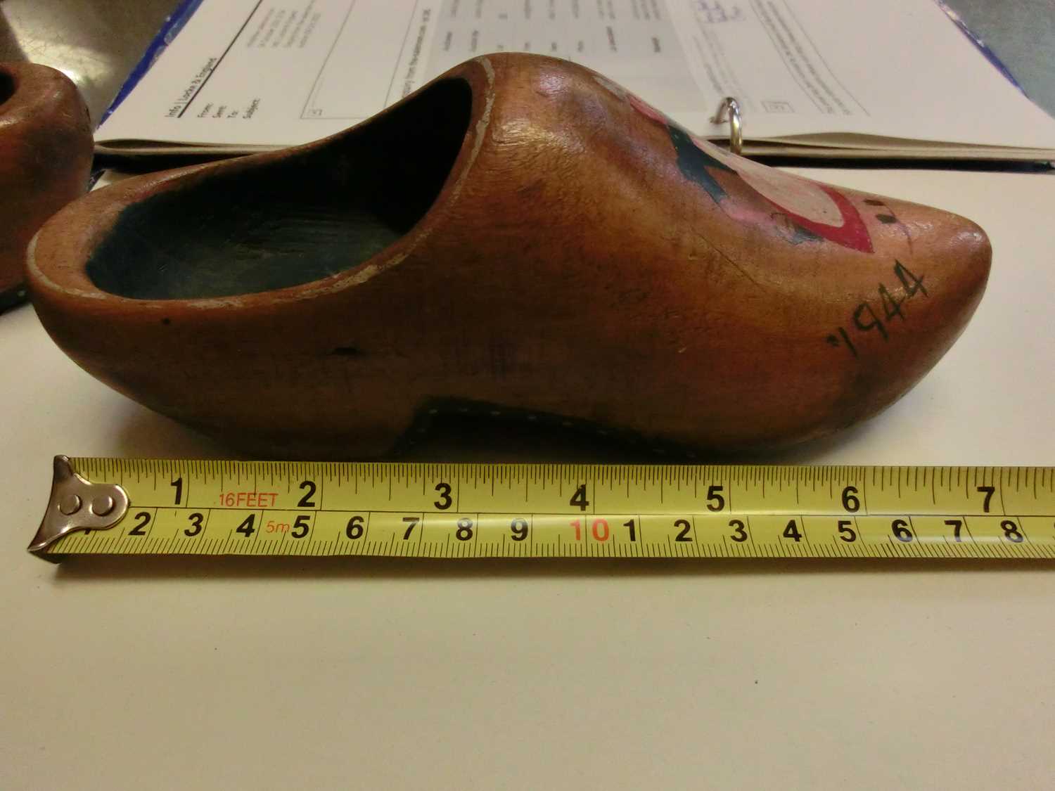 A pair of wooden clogs together with two pairs of early 20th century shoes and bootsLengths: Brown - Image 4 of 4