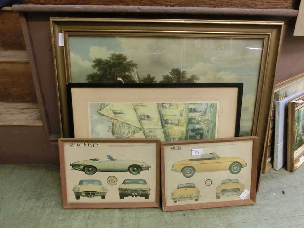 A selection of artworks to include advertising for MGV and Jaguar E-Type, countryside scenes, etc