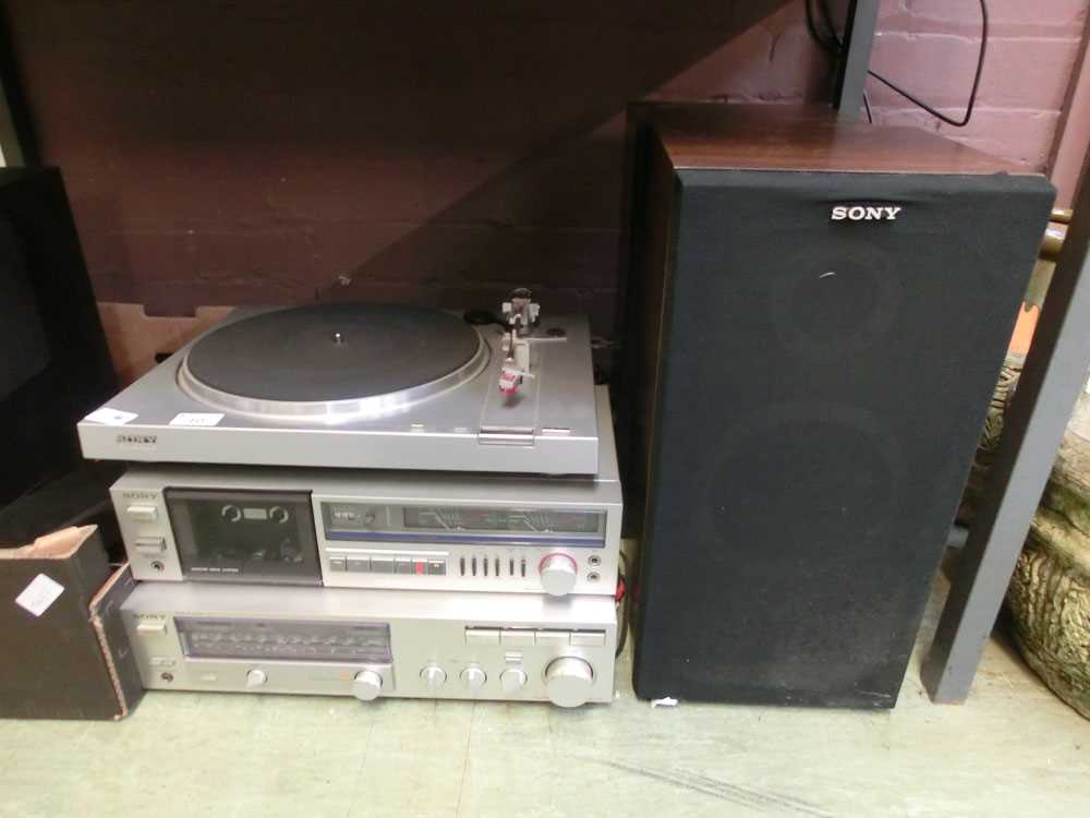 A collection of Sony items to include turntable, cassette deck, stereo receiver and speakers