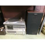 A collection of Sony items to include turntable, cassette deck, stereo receiver and speakers