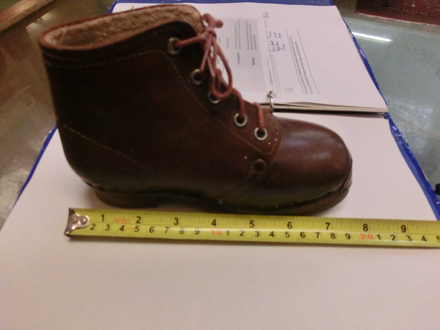 A pair of wooden clogs together with two pairs of early 20th century shoes and bootsLengths: Brown - Image 2 of 4