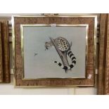 A mid-20th century gilt metal and cork framed print of a spotted animal (civet) looking at bird