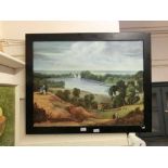 A framed and glazed oleograph on canvas of lake scene