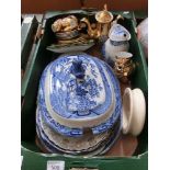 A tray of ceramic ware to include blue and white meat plate, Bunnykin bowl etc.