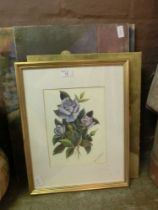 A framed and glazed watercolour of roses along with three unframed oils