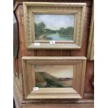 Two gilt framed oils on canvas, one of river scene, the other of mountainous lake scene