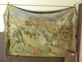 A woven wall hanging depicting attacking tigers