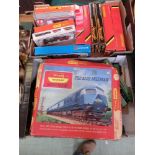 Two trays of model railway items by Hornby etc. to include engines, carriages etc.