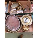 Two trays of metal ware to include brass jam pan, plated toast rack, brass candle sticks etc.