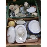 Two trays of ceramic ware to include plates, model of bird, tureens, vases etc.