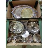 Two trays of plate ware to include twin handled trays, tureens, candle sticks etc.