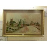 A framed oil on board of village scene initialled A.E.W dated '76