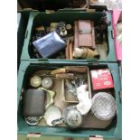 Two trays containing tie presses, flatware, coffee pot, carving sets etc.