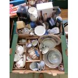 Two trays of mainly ceramic and glassware to include Ainsley vases, decorative part tea set etc.