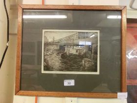 A framed and glazed etching 'The East River, New York' signed Irving K Samuels 1937