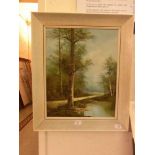 A framed oil on canvas of woodland lake scene signed Inses