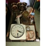 A tray containing brass goblets, wooden carved elephant, quartz clock, etc
