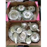 Two trays of Spode tableware to include meat plates, coffee and tea pots, side plates etc.
