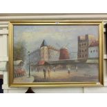 A gilt framed oil on canvas of city scene signed bottom right Burnett