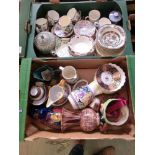 Two trays of ceramic ware to include Poole Pottery, green Wedgwood etc.