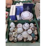Two trays of ceramic ware to include Wedgwood collector's plates, Ainsley and other cups and