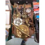 A tray containing a quantity of metalware, brass kettle, candle sticks, plated ware etc.