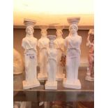 Four alabaster columns with classical lady design, along with one other