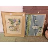 A framed and glazed needlework of a mother and children along with a print of a bridge