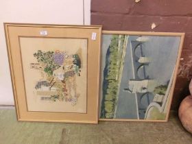 A framed and glazed needlework of a mother and children along with a print of a bridge