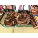 Two trays of mainly metalware to include horse brasses, jam pan, enamel bowl, etc