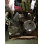 A tray containing kitchenalia to include frying pan, butter maker, oversize tea pot etc.