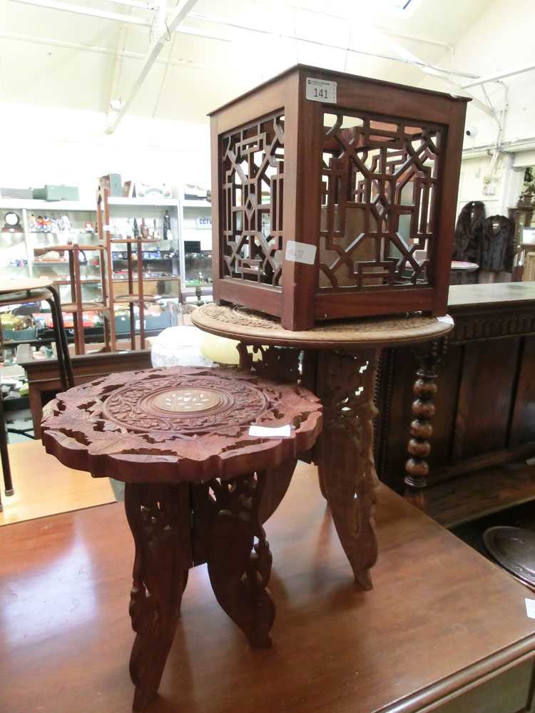 Two eastern carved collapsible occasional table together with a pierced eastern hardwood planter