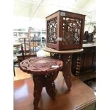 Two eastern carved collapsible occasional table together with a pierced eastern hardwood planter