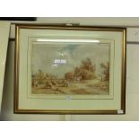 A framed and glazed watercolour of harvest scene