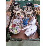 A tray containing a Royal Doulton figurine Kelly HN2478 together with a pair of vases, figurine