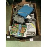 A tray containing video game items to include a Playstation 2 console, two Nintendo Wii consoles,