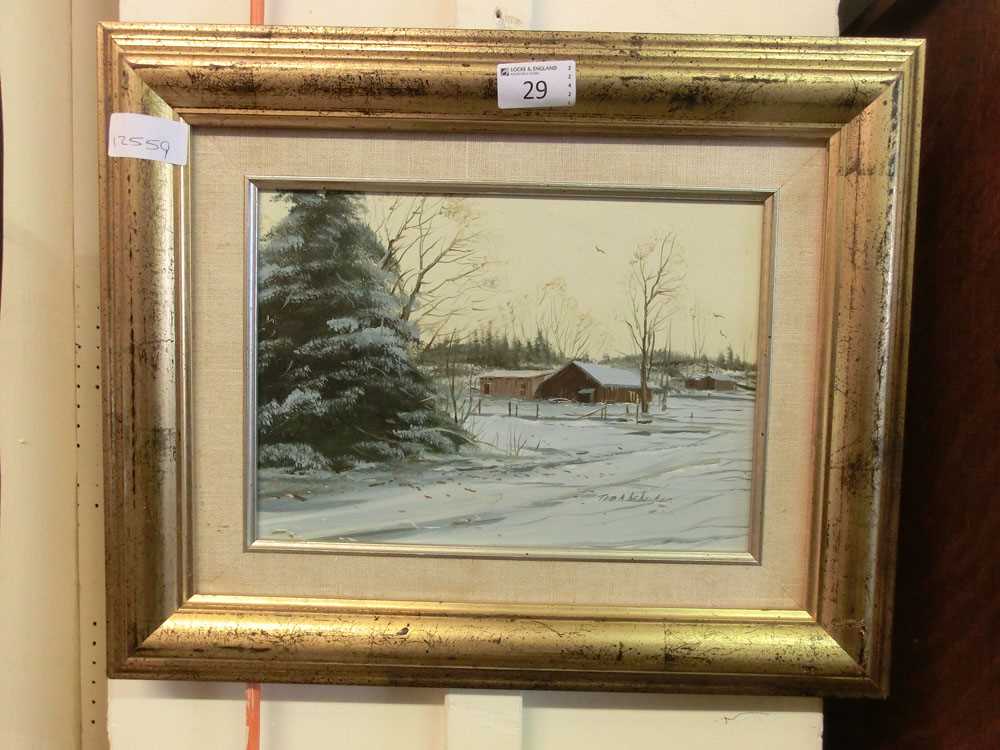 A framed oil on board titled 'Winter Closing Upon The Ranch' signed Tom Dedecker