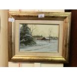A framed oil on board titled 'Winter Closing Upon The Ranch' signed Tom Dedecker