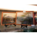 Two framed oils on board of mountainous lake scenes signed bottom right and bottom left