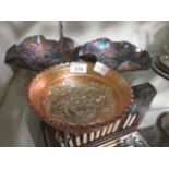 Two handkerchief design coloured glass bowls along with an orange glass bowl with windmill scene