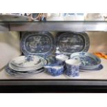 A selection of blue and white tableware to include meat plates, serving plate, tyg, etc