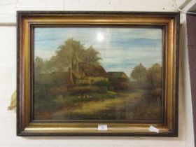 A framed and glazed oil painting of farmhouse scene signed W.Woodbine 1912