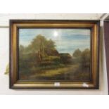 A framed and glazed oil painting of farmhouse scene signed W.Woodbine 1912