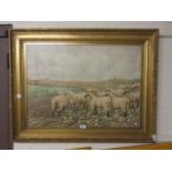 A framed and glazed watercolour of sheep watching hunting sceneOutside frame - Height - 70cm,