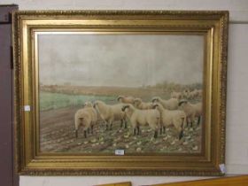 A framed and glazed watercolour of sheep watching hunting sceneOutside frame - Height - 70cm,