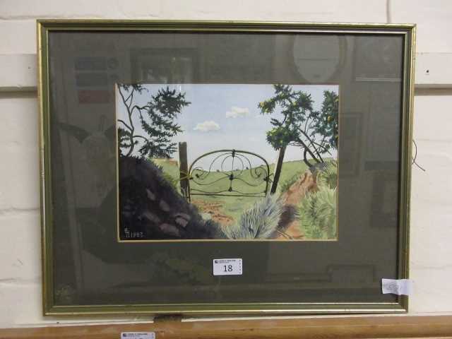 A framed and glazed watercolour of a country gate initialled E.H