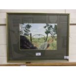 A framed and glazed watercolour of a country gate initialled E.H
